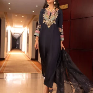 Meraj Black Embroidered Raw Silk Dress